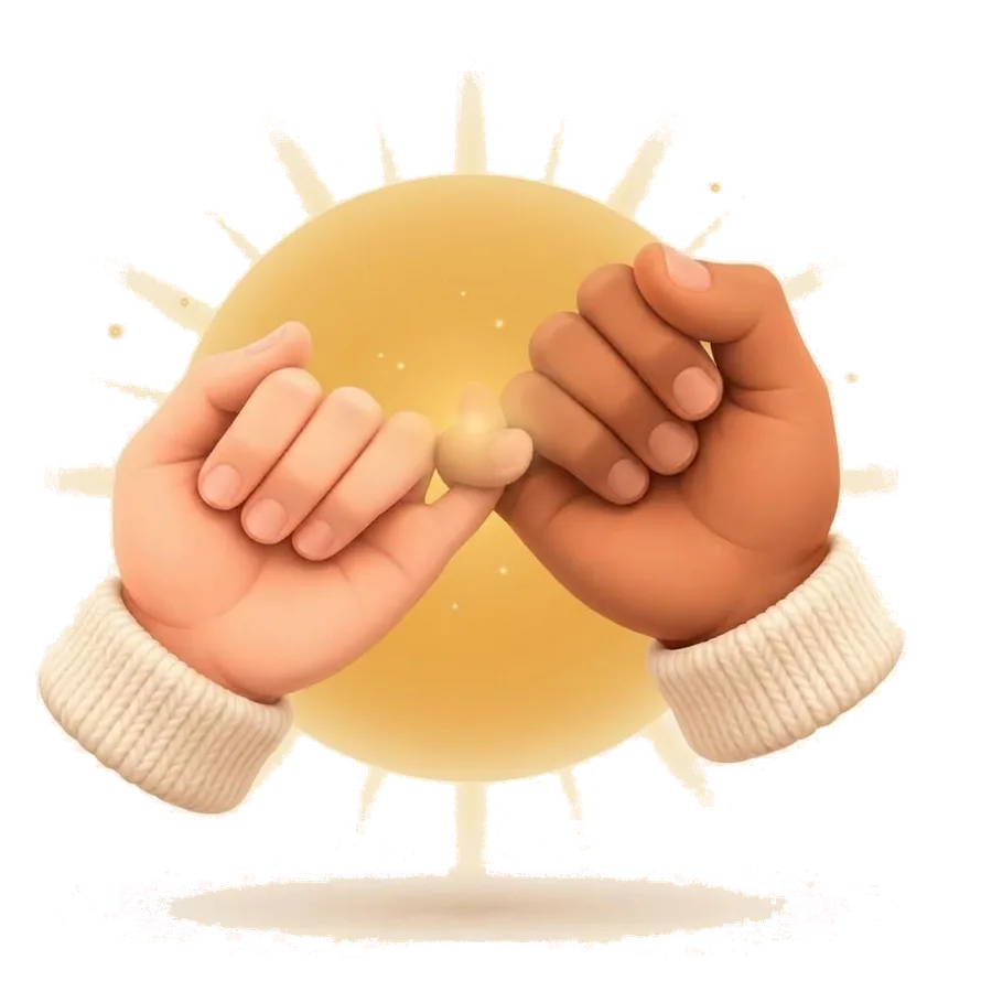 Two hands making a pinky promise in front of a rising sun