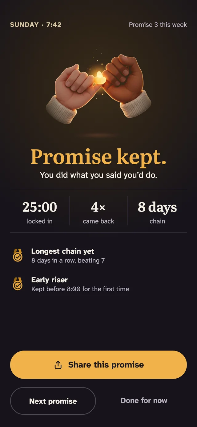 Promise kept screen with stats and an 8-day chain